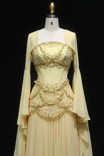 619 - فستان سهره مع كورسيه مشكوك و اكمام - اصفر