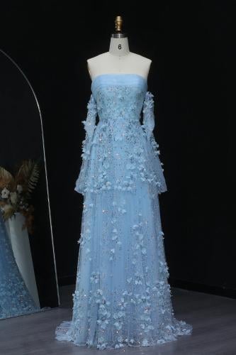 RC230 - فستان مزين بزهور ثلاثية الابعاد ازرق سماوي
