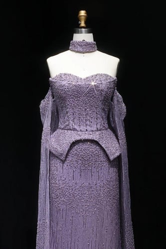 637 - فستان بنفسجي فاخر شك يدوي كامل مع شوكر