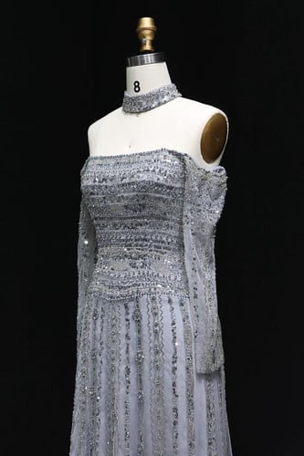 620 - فستان سهره اوف شولدر مع شك ثقيل - فضي