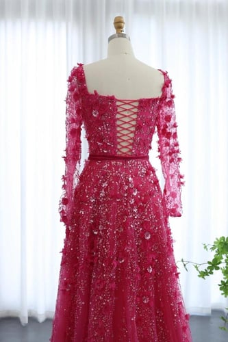 RC05 - فستان كم طويل مزين بزهور ثلاثية الابعاد فوش...