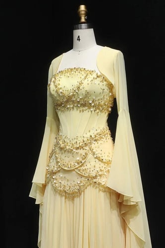 619 - فستان سهره مع كورسيه مشكوك و اكمام - اصفر