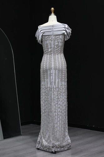 614 - فستان سهره اوف شولدر شكك يدوي كامل فضي