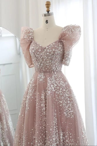 RC508 - فستان سهره شك يدوي كلوش مع اكمام بف وردي