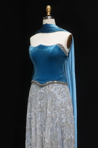 632 - فستان سهره قطعتين مع كورسيه مخمل ازرق تركواز