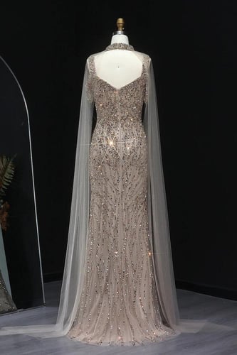 601 - فستان سهره شك يدوي مع اكمام كيب - بيج