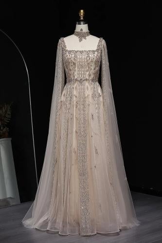 636 - فستان بيج فاخر مع اكمام كاب