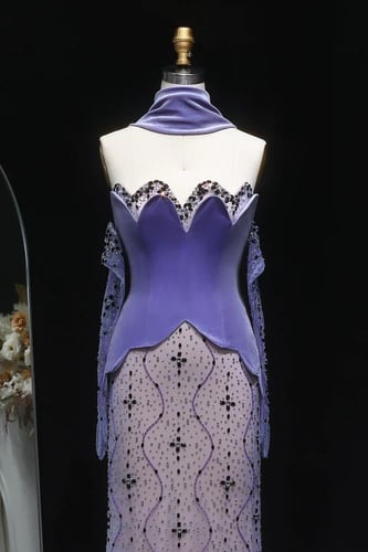 636 فستان سهره قطعتين مع كورسيه مخمل بنفسجي و شال