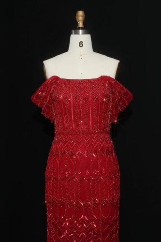 RC401 - فستان سهره شك يدوي ثقيل اوف شولدر - احمر