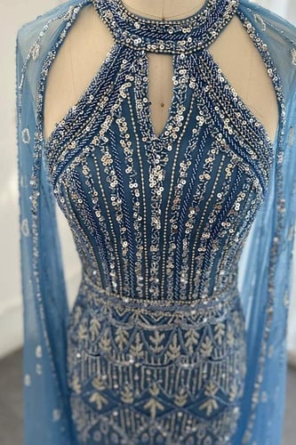 RC72 - فستان ازرق برقبة هالتر مع أكمام الكاب