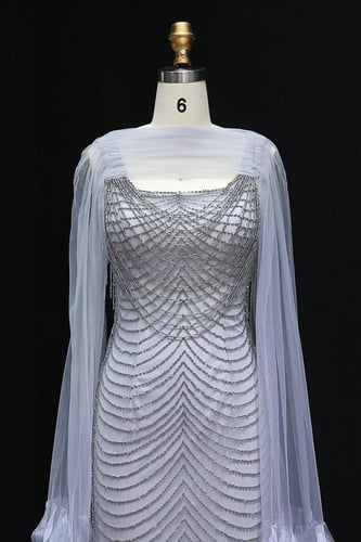 RC511 - فستان سهره شك مع كيب طبقات فضي رمادي