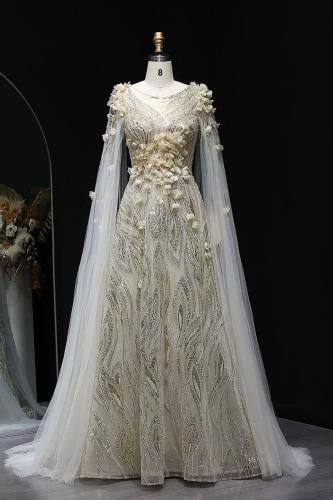 638 - فستان بيج سكري فاخر شك يدوي كامل مع شال