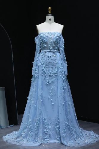 RC04 - فستان سهره مزين بزهور ثلاثية الابعاد ازرق