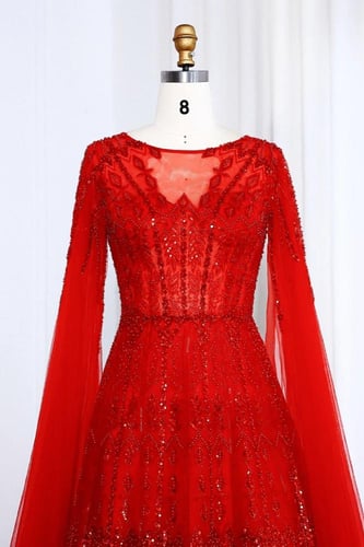 RC501 - فستان سهره شك يدوي مع اكمام كيب - احمر