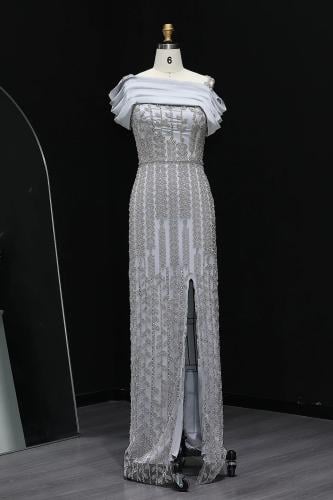 614 - فستان سهره اوف شولدر شكك يدوي كامل فضي