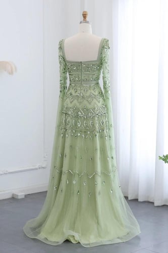 RC01 فستان اخضر فاخر اكمام كاب شك يدوي كامل