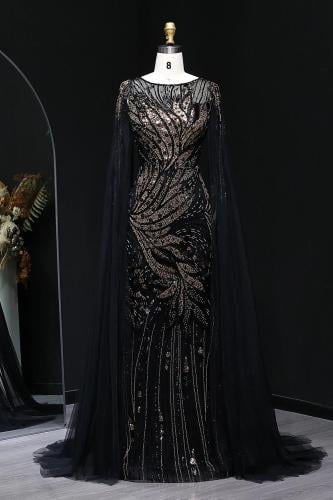 635 - فستان سهره شك كامل مع اكمام كاب اسود مع ذهبي