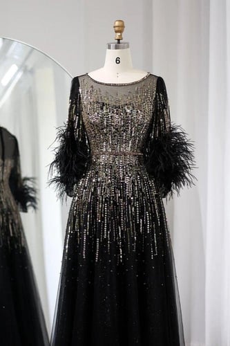 RC319 - فستان ريفييرا كوتور شك يدوي و ريش - اسود