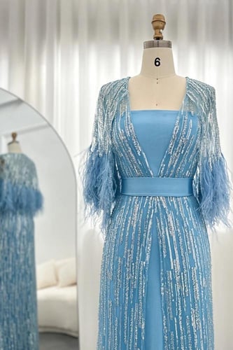 RC88 - قفطان ازرق قطعتين مع ريش