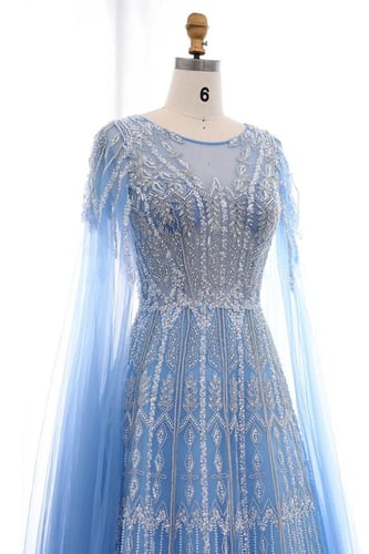 RC501 - فستان سهره شك يدوي مع اكمام كيب - ازرق