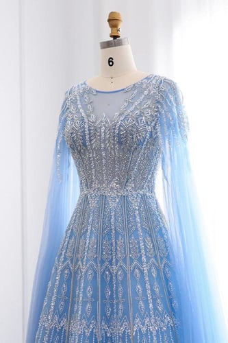 RC501 - فستان سهره شك يدوي مع اكمام كيب - ازرق