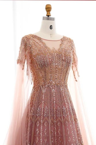 RC501 - فستان سهره شك يدوي مع اكمام كيب - وردي