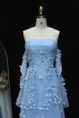 RC230 - فستان مزين بزهور ثلاثية الابعاد ازرق سماوي