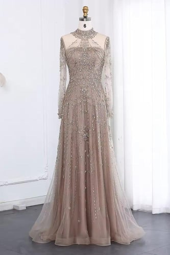 RC317 - فستان شك يدوي كم طويل بيج