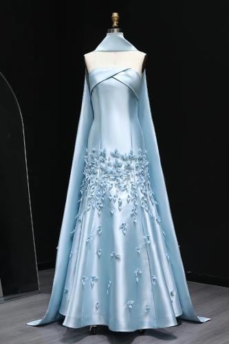 RC236 - فستان مع شال و زهور ثلاثية الابعاد ازرق سم...