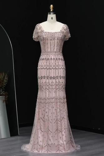 RC401 - فستان سهره شك يدوي ثقيل اوف شولدر - وردي