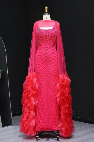 RC511 - فستان سهره شك مع كيب طبقات فوشي