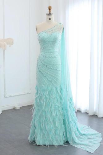 RC140 - فستان شولدر واحد تركواز مع ريش