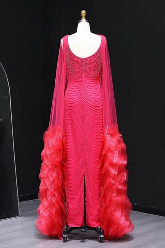 RC511 - فستان سهره شك مع كيب طبقات فوشي