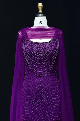 RC511 - فستان سهره شك مع كيب طبقات بنفسجي