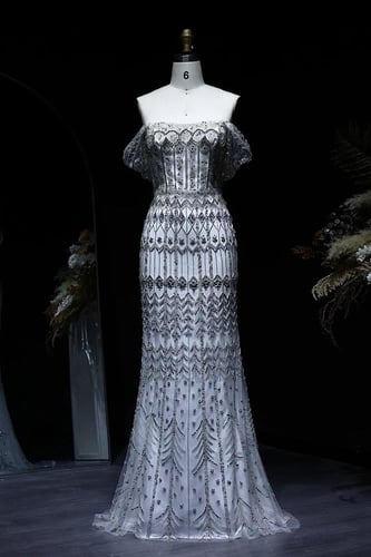 RC401 - فستان سهره شك يدوي ثقيل اوف شولدر - ابيض