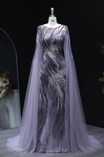 RC504 - فستان سهره شك يدوي مع اكمام كيب بنفسجي