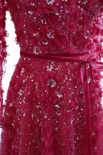 RC05 - فستان كم طويل مزين بزهور ثلاثية الابعاد فوش...