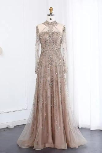 RC317 - فستان شك يدوي كم طويل بيج