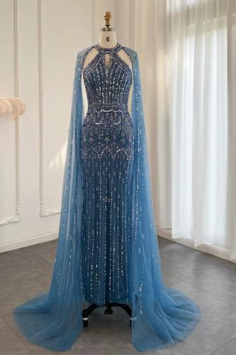 RC72 - فستان ازرق برقبة هالتر مع أكمام الكاب