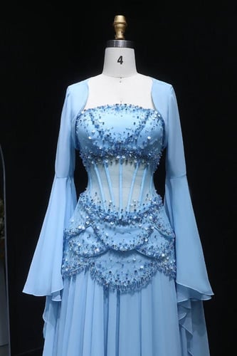 619 - فستان سهره مع كورسيه مشكوك و اكمام - ازرق