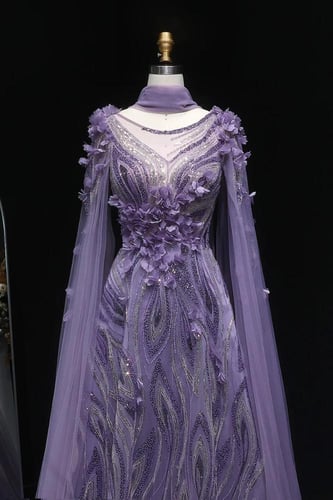 638 - فستان بنفسجي فاخر شك يدوي كامل مع شال