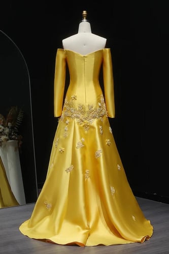 RC238 - فستان سهره مزين بزهور ثلاثية الابعاد اصفر