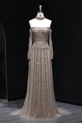 620 - فستان سهره اوف شولدر مع شك ثقيل - ذهبي