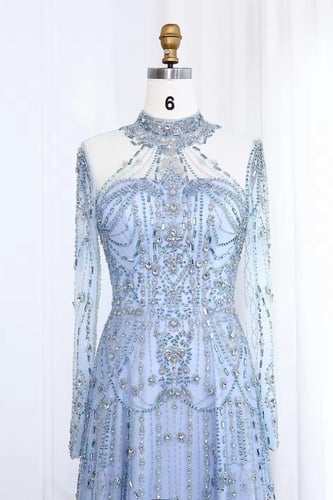 RC317 - فستان شك يدوي كم طويل ازرق سماوي