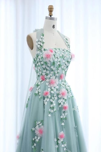 RC08 - فستان مزين بزهور ثلاثية الابعاد تركواز