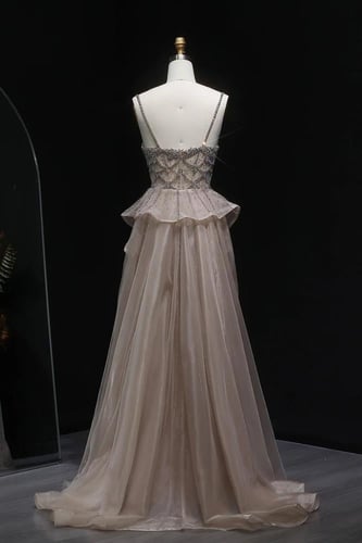 630 - فستان بيج فاخر مطرّز بالكريستال