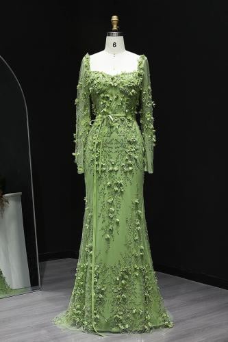 RC06 - فستان كم طويل مزين بزهور ثلاثية اخضر ليموني