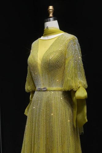 615 - فستان سهره اكمام طويله - اخضر ليموني