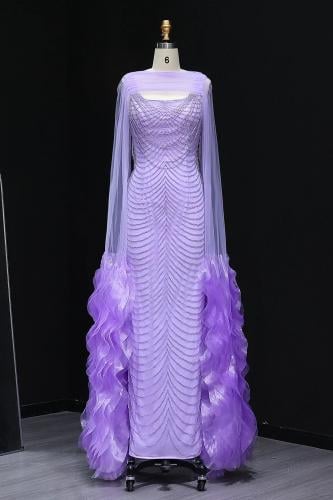 RC511 - فستان سهره شك مع كيب طبقات بنفسجي