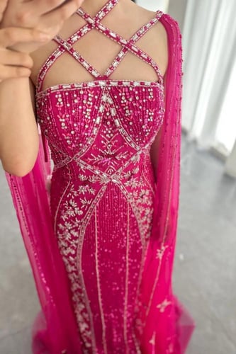 فستان فوشي برقبة متقاطعة - RC18